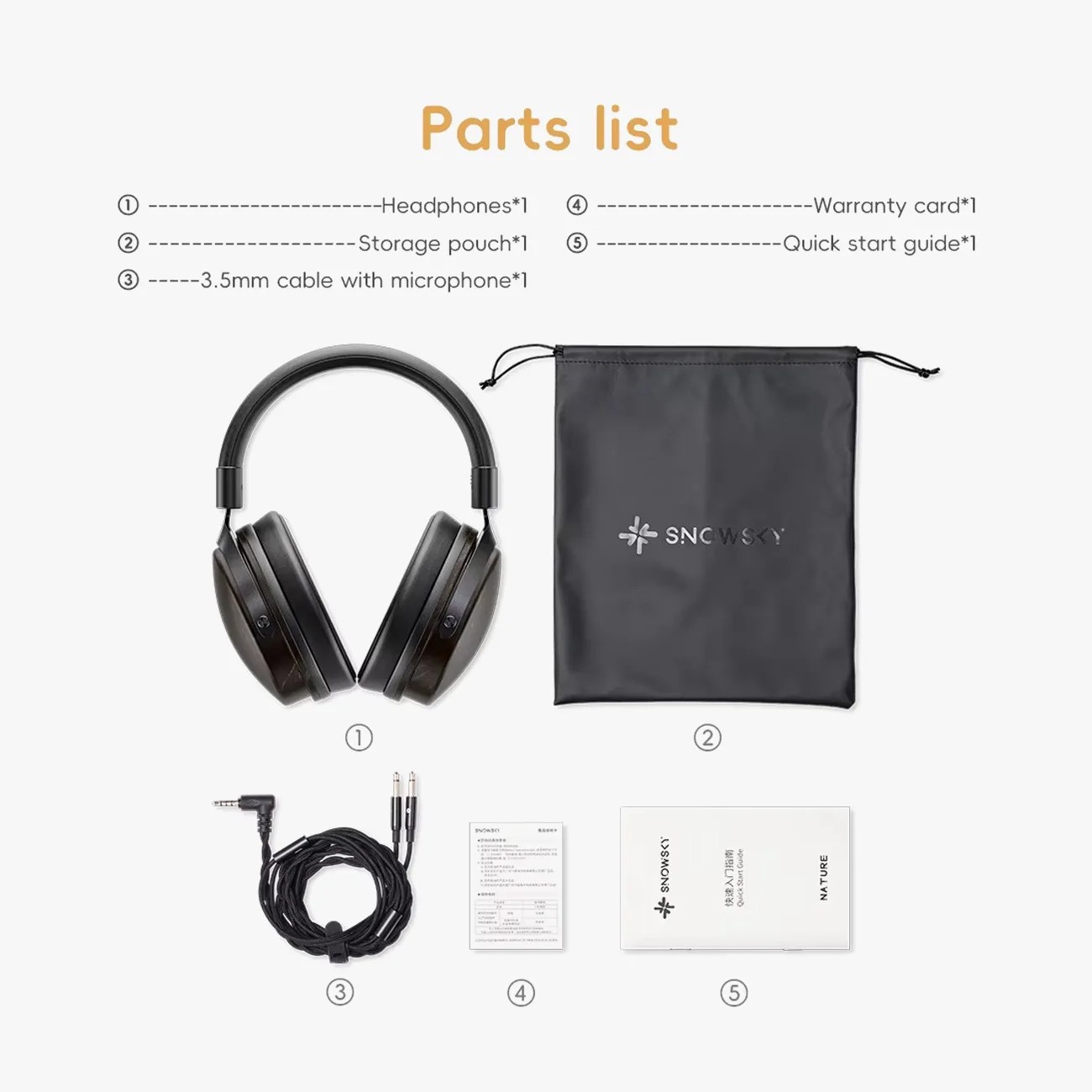 Black over-ear headphones, black drawstring storage pouch, coiled 3.5mm cable with microphone, warranty card, and quick start guide.
