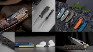 Collage of various folding knives with different handle designs and colors, including patterned, textured, and solid finishes, displayed on different surfaces.