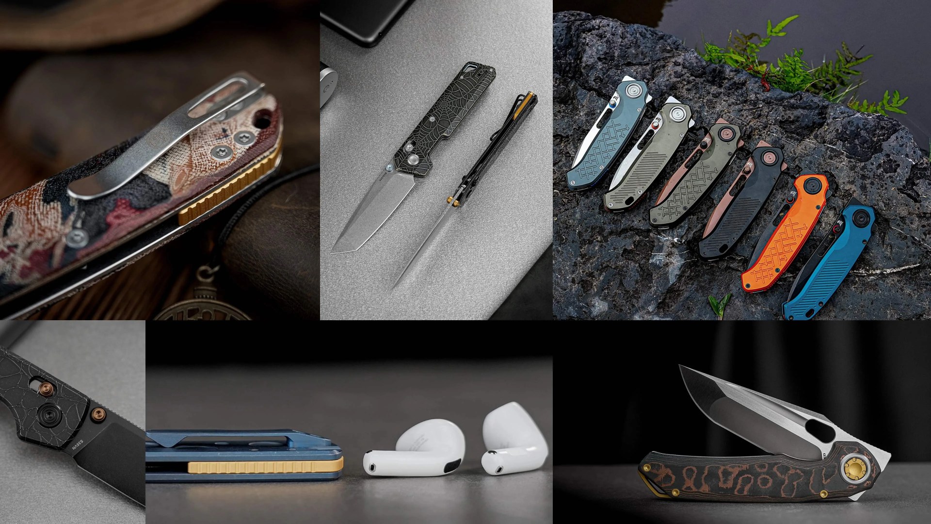 Collage of various folding knives with different handle designs and colors, including patterned, textured, and solid finishes, displayed on different surfaces.