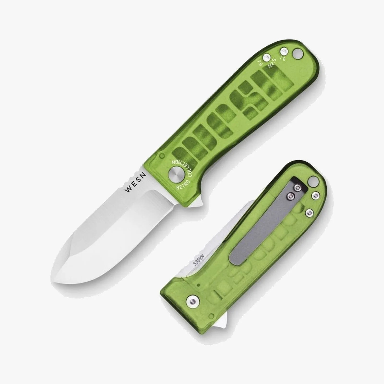 Green translucent handled folding knife with a stainless steel blade and pocket clip.