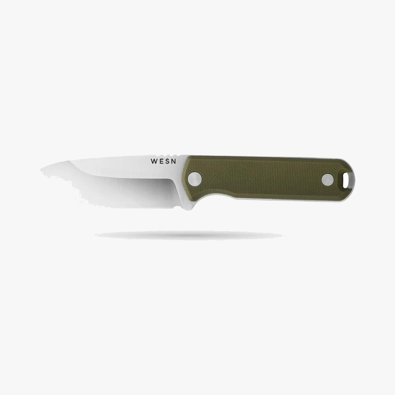 Fixed-blade knife with a stainless steel blade and olive green textured handle, branded "WESN.