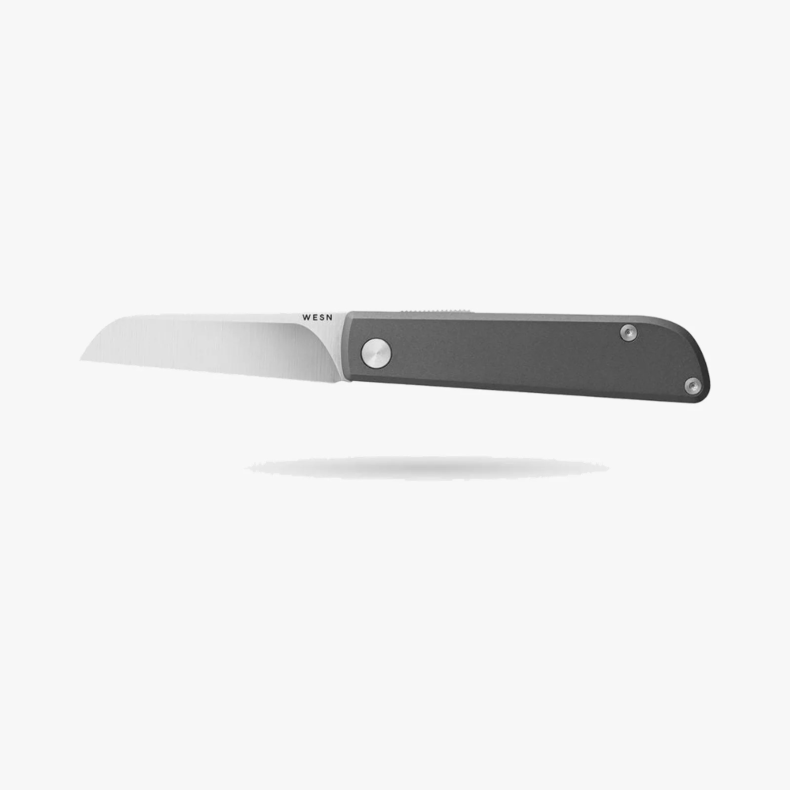 Folding knife with a straight-edged stainless steel blade and a dark gray handle, marked "WESN.