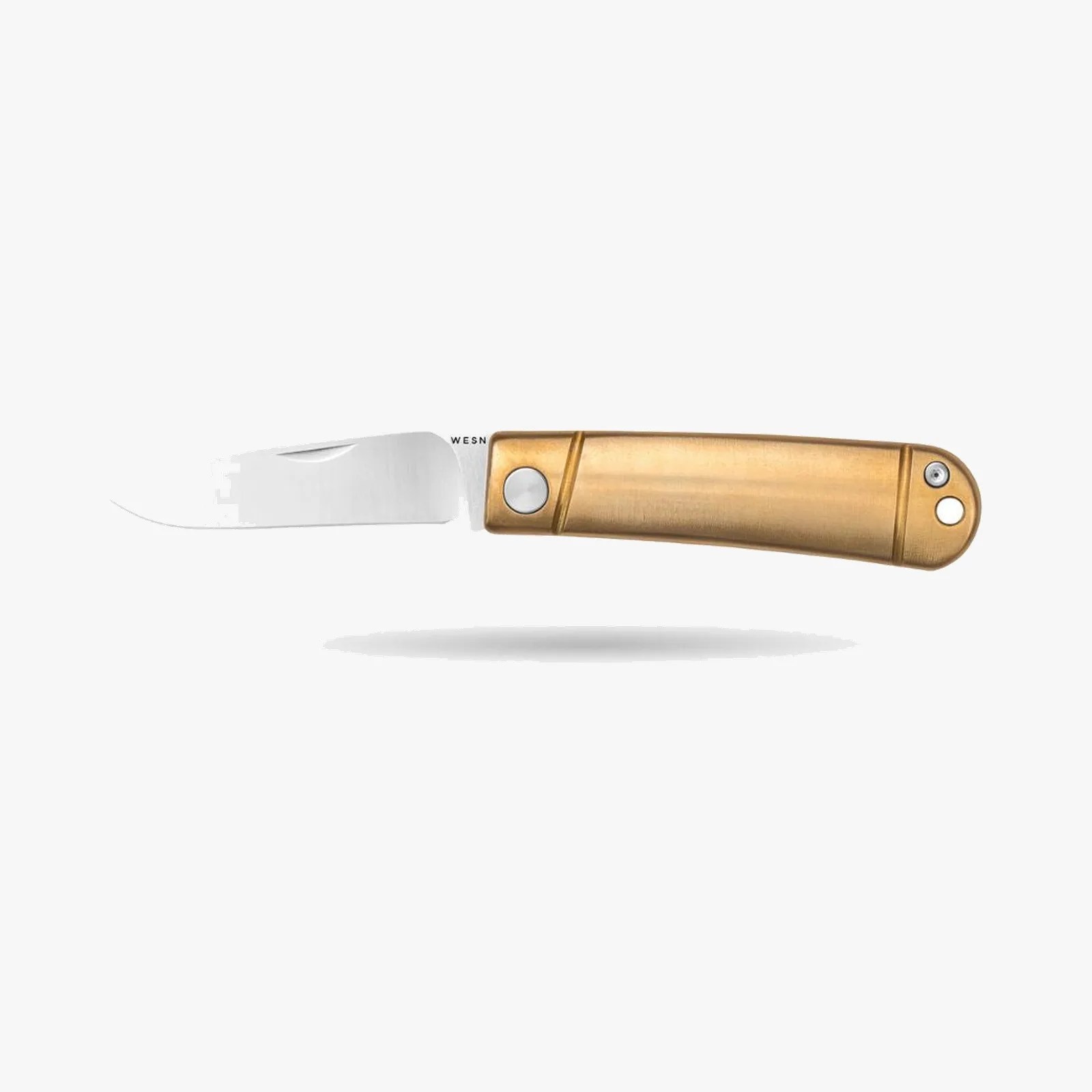 Folding knife with a brass handle and a short stainless steel blade partially open.