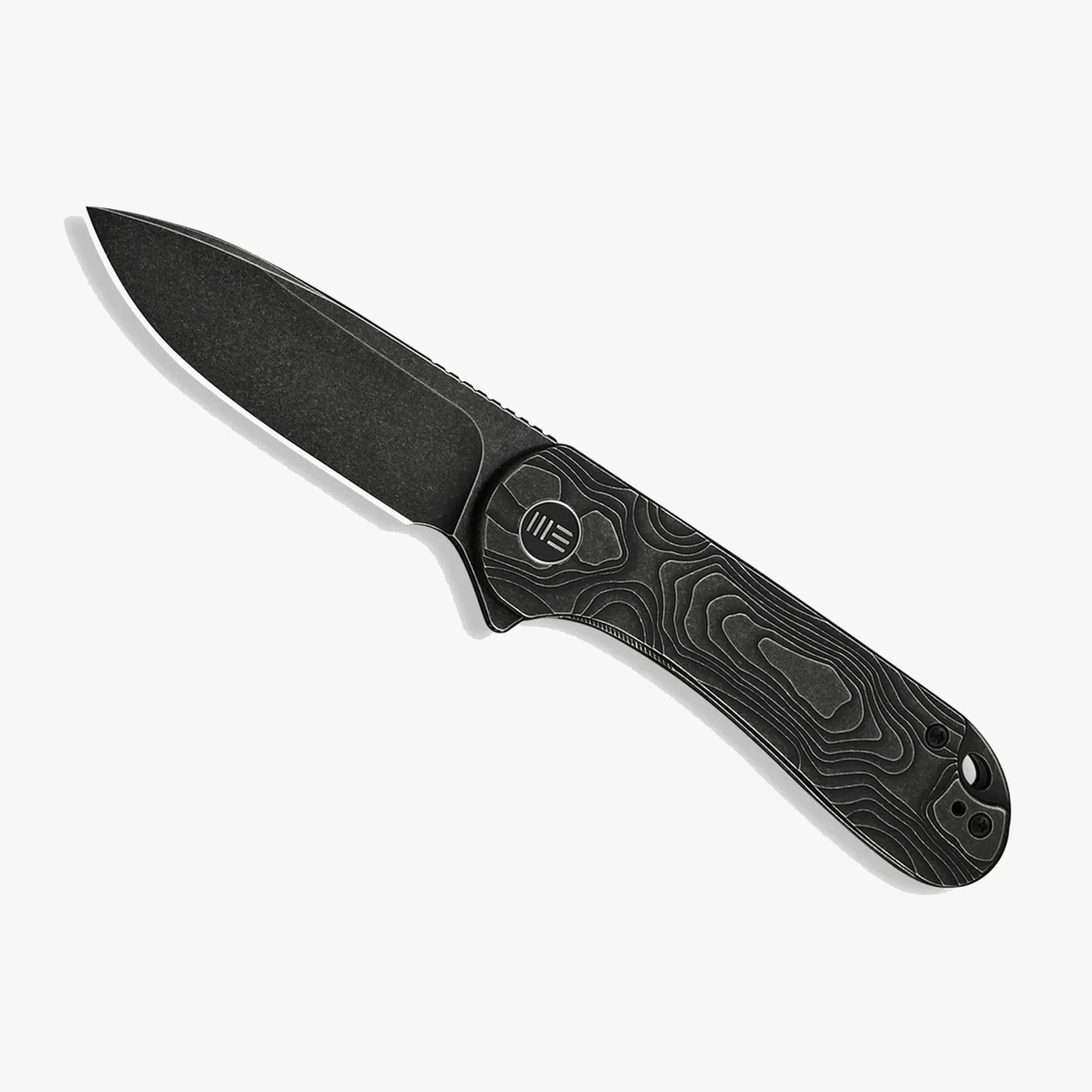 Black folding knife with textured handle featuring topographic map design and partially serrated blade.