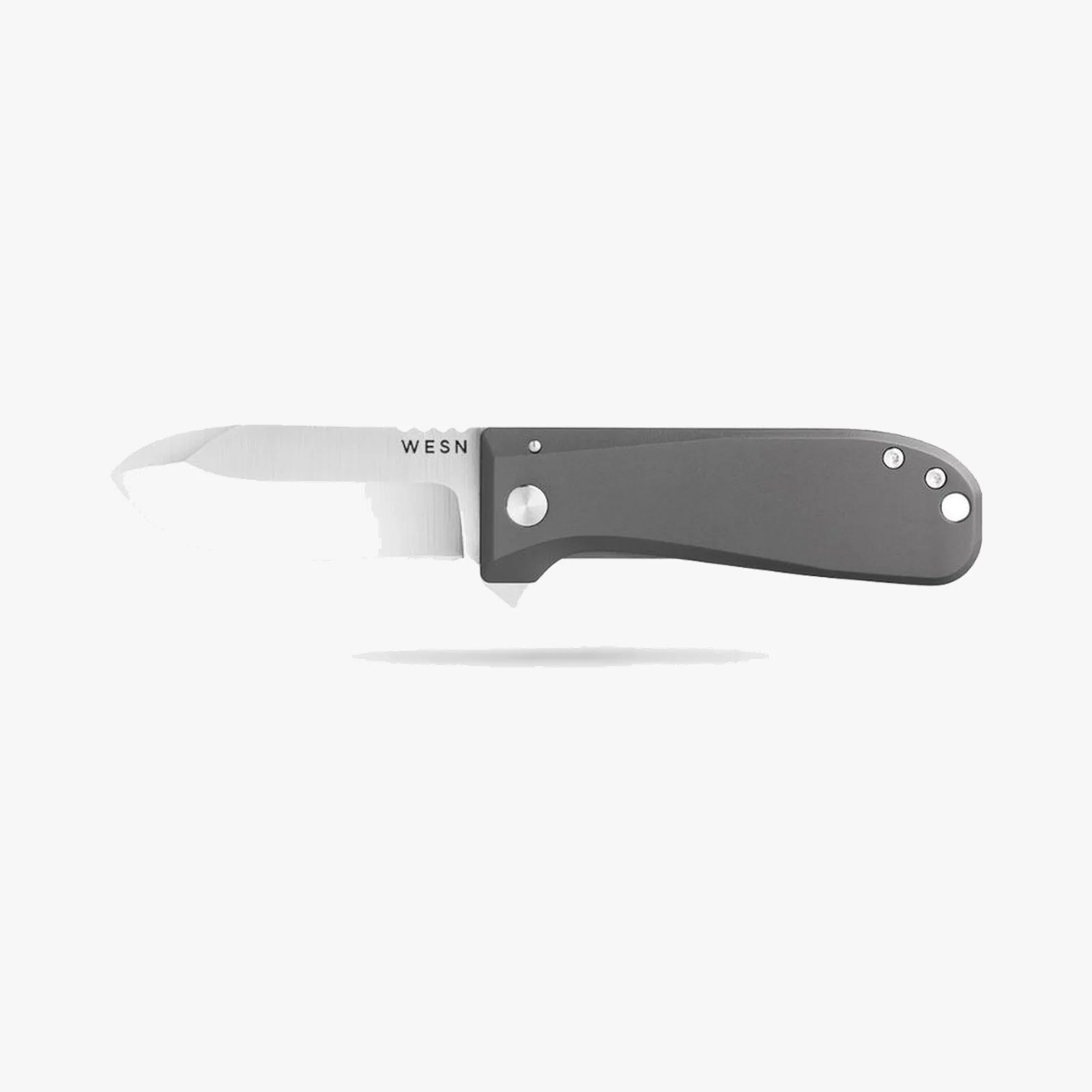 Folding knife with a stainless steel blade and dark gray handle, marked "WESN" on the blade.