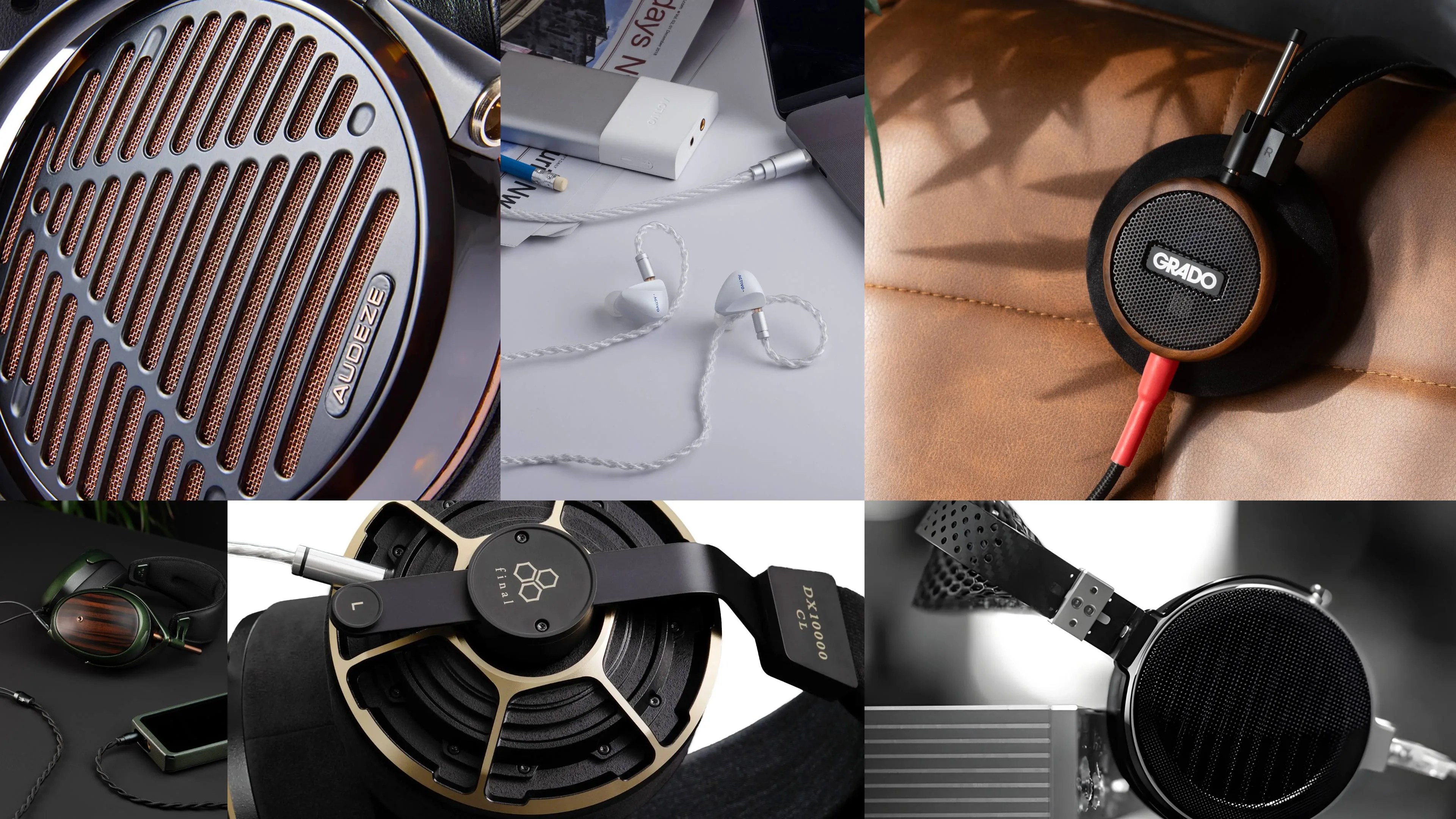 Close-up of Audeze headphone grill with copper mesh, white braided in-ear monitors on a desk, and Grado headphones with wooden ear cups on a brown leather surface.