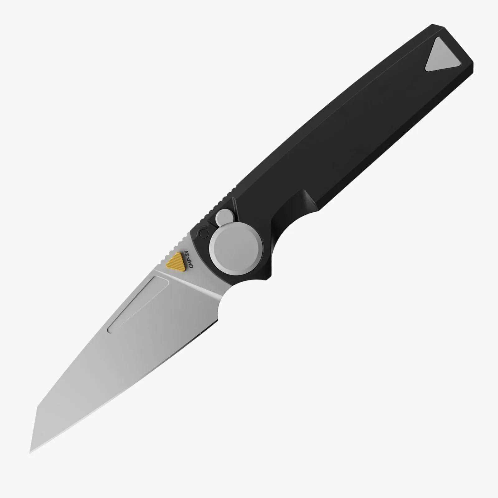 Folding knife with a silver blade and black handle featuring a circular pivot and yellow triangular thumb stud.