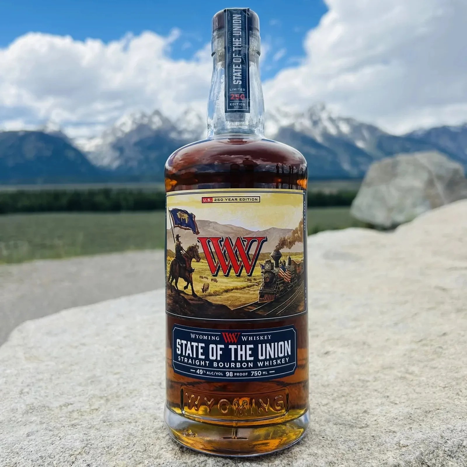 Bottle of Wyoming Whiskey State of the Union Straight Bourbon Whiskey on a stone surface with mountains in the background.