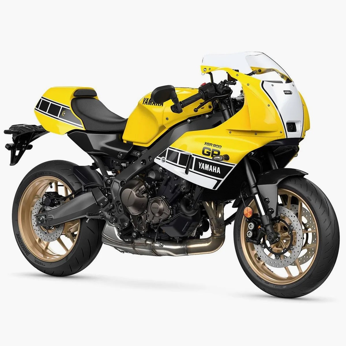 Yellow and white Yamaha XSR 900 GP motorcycle with black and gold accents on a white background.