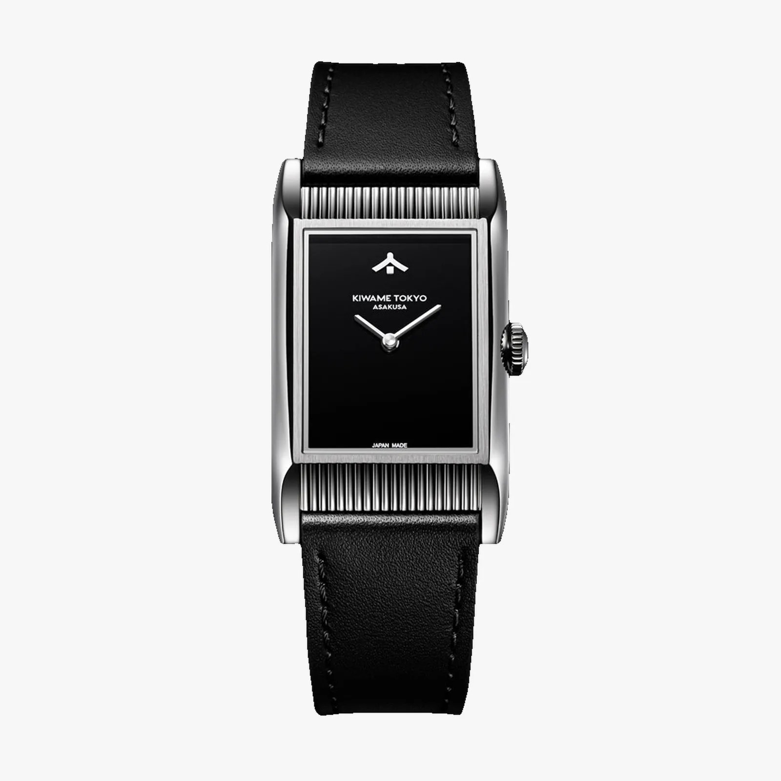 Rectangular silver watch with black dial, silver hands, ribbed bezel, and black leather strap.