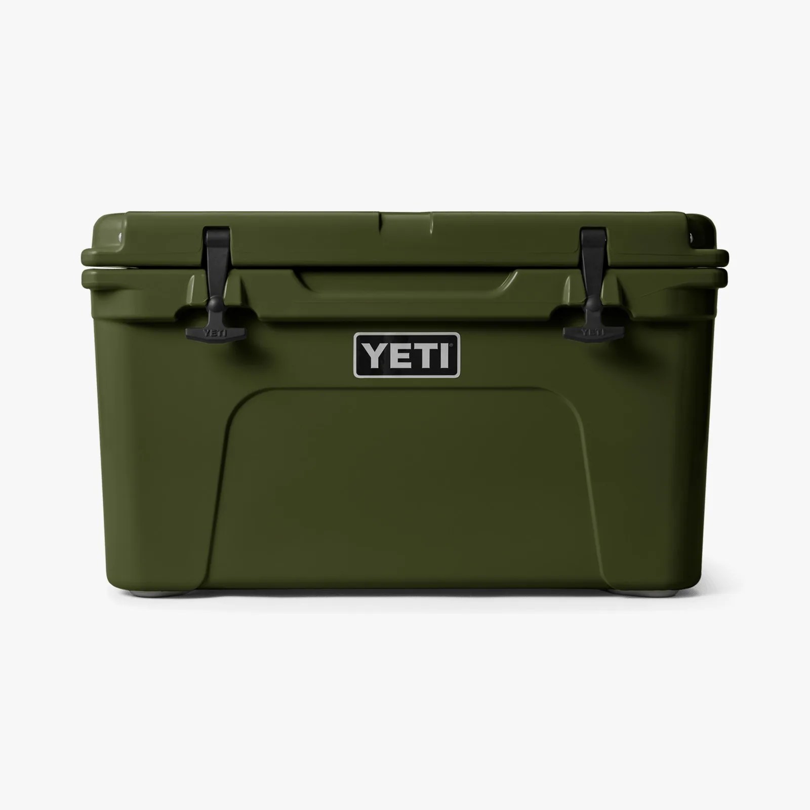 Olive green YETI cooler with black latches and a centered logo on the front.