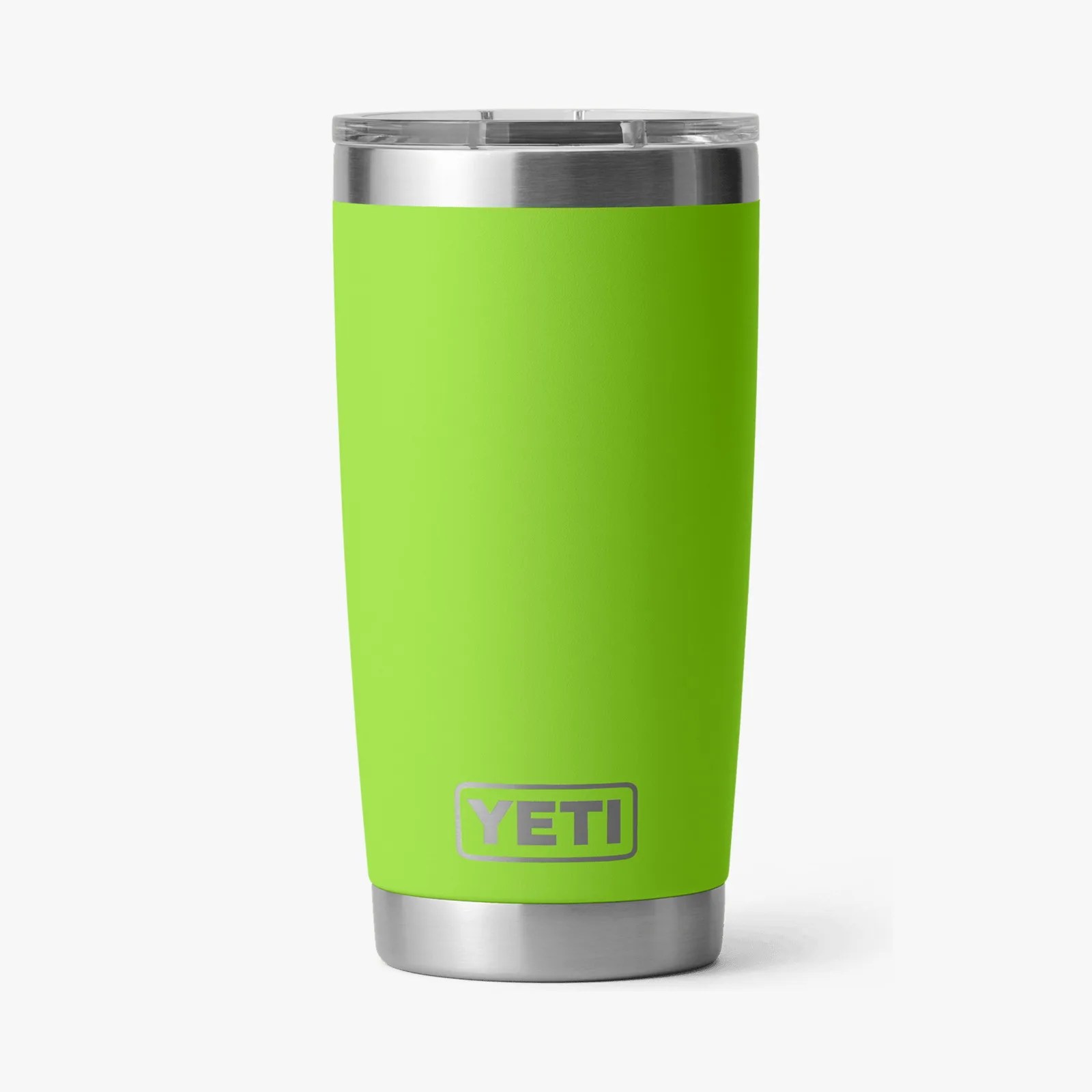 Bright green YETI tumbler with stainless steel rim and base on a white background.