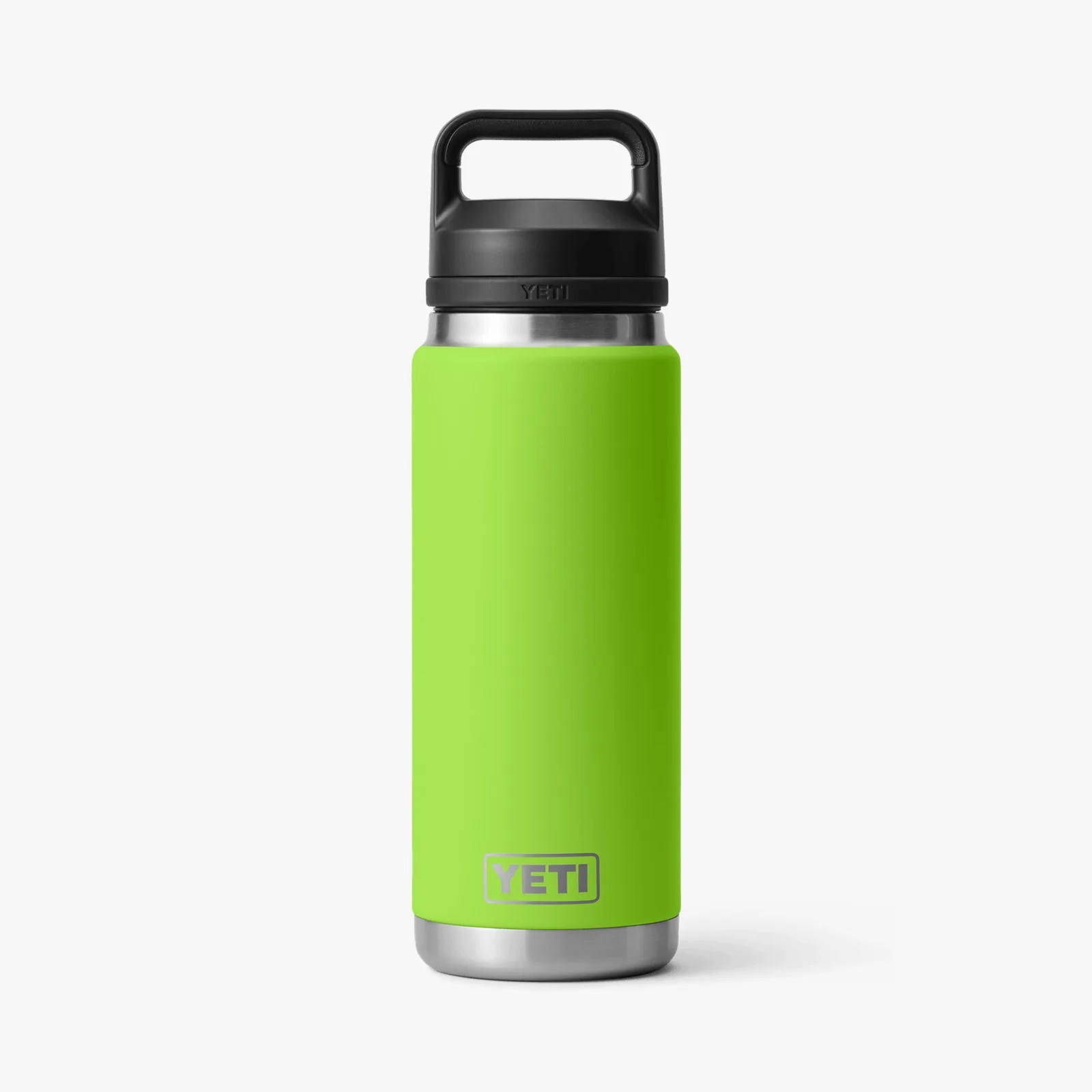 Bright green YETI insulated water bottle with black handle lid and stainless steel base.
