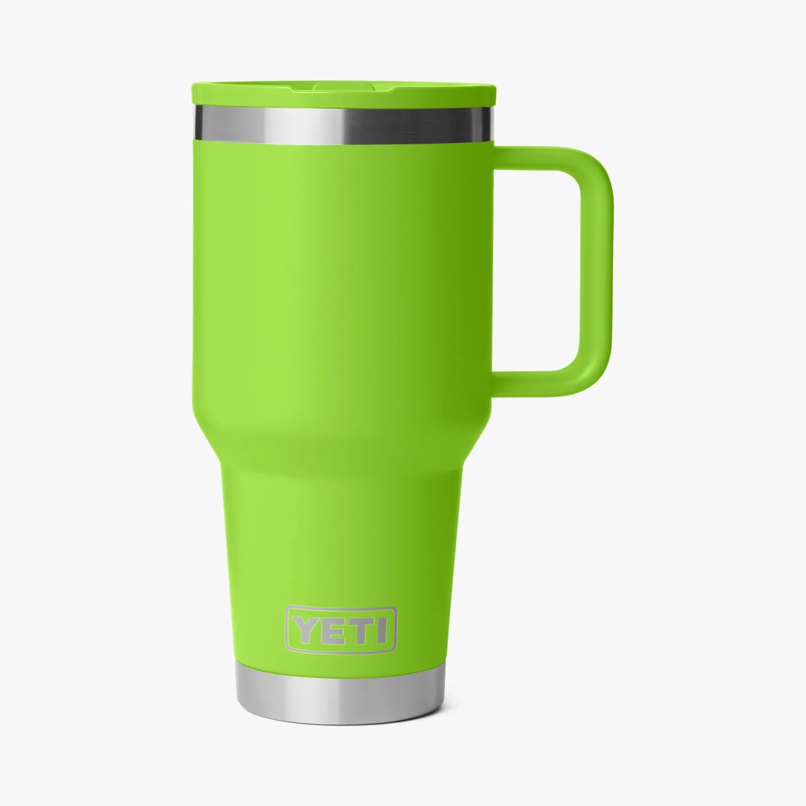 Bright green YETI insulated travel mug with handle and stainless steel accents.