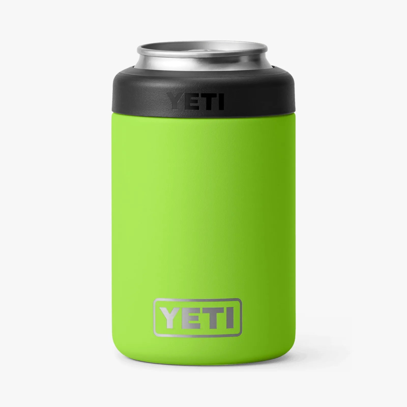 Bright green YETI can cooler with black top rim holding a silver can.