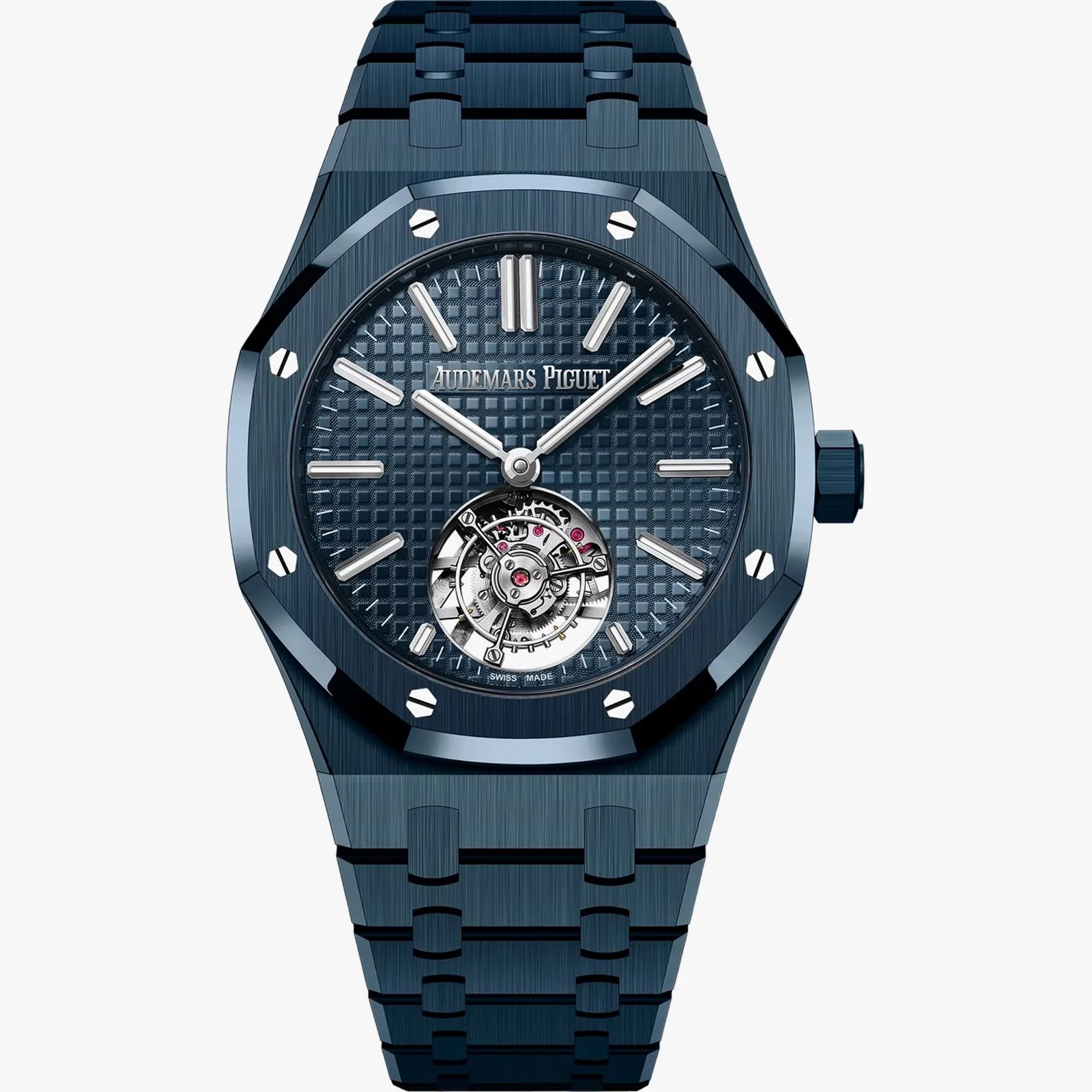 Blue Audemars Piguet Royal Oak watch with textured dial, silver hour markers, and visible tourbillon at 6 o'clock.