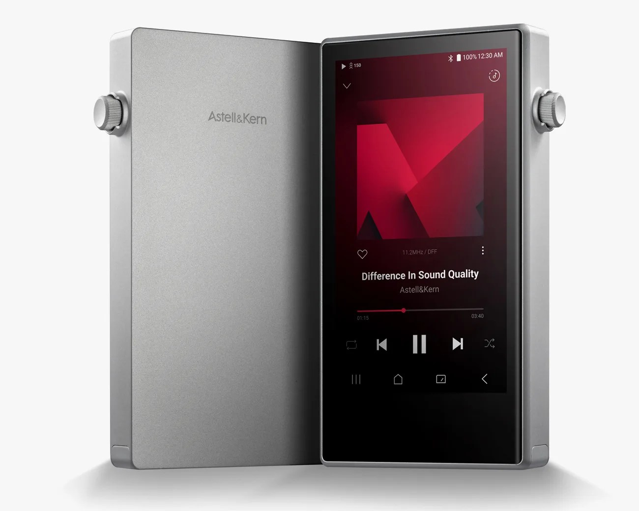 Silver Astell&Kern portable music player with touchscreen displaying a red album cover and playback controls.