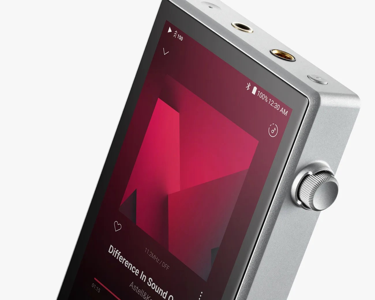 Silver digital music player with a color touchscreen displaying a red geometric album cover and a volume knob on the side.