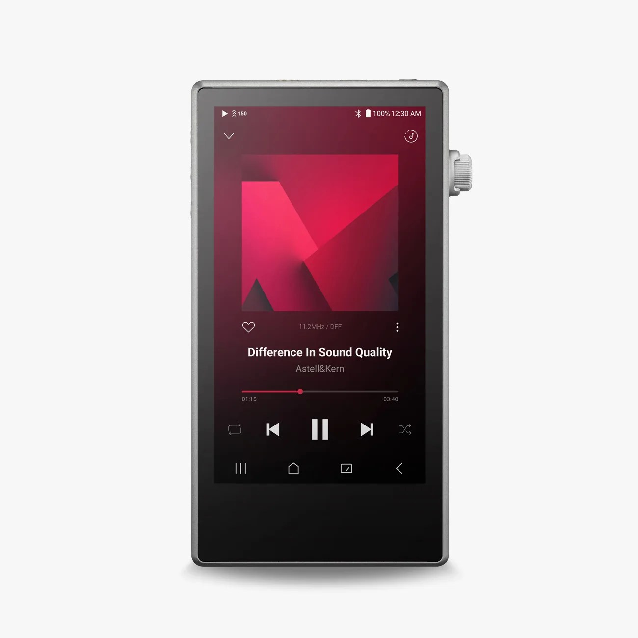 Silver digital music player with touchscreen displaying a song titled "Difference In Sound Quality" by Astell&Kern.