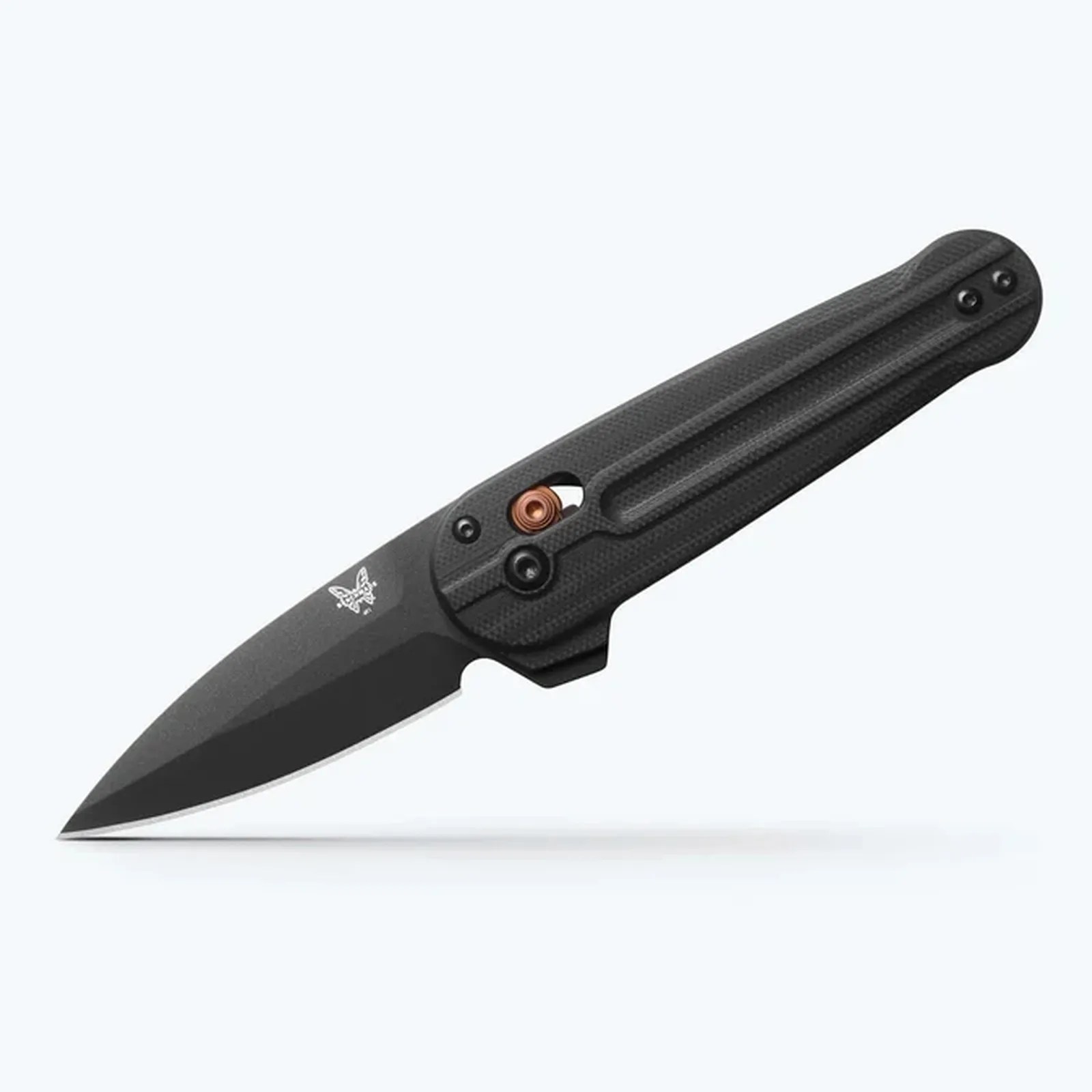 Black folding knife with textured handle and butterfly logo on the blade.