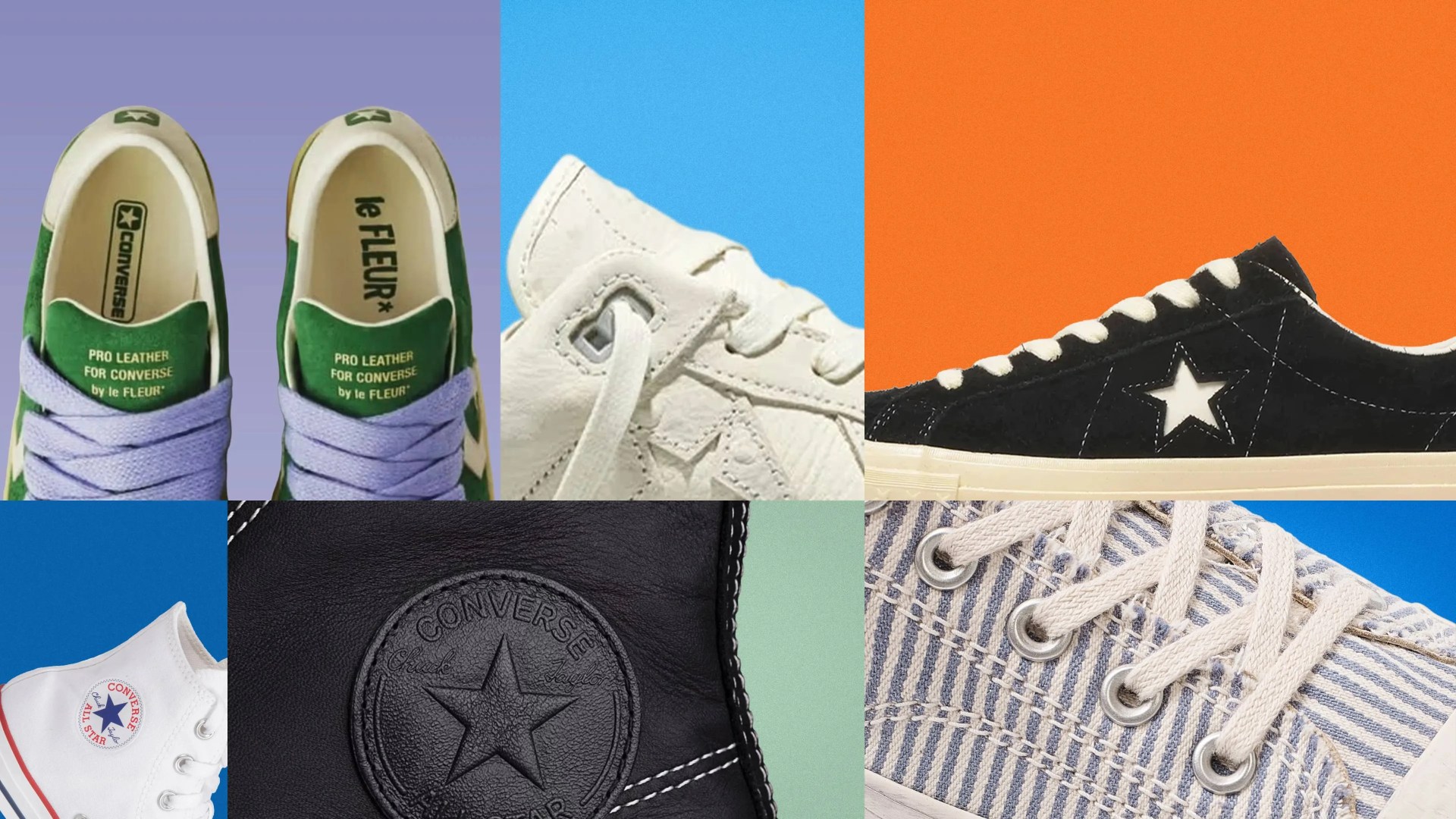 Six close-up views of Converse sneakers showing different colors, materials, and logos on colorful backgrounds.
