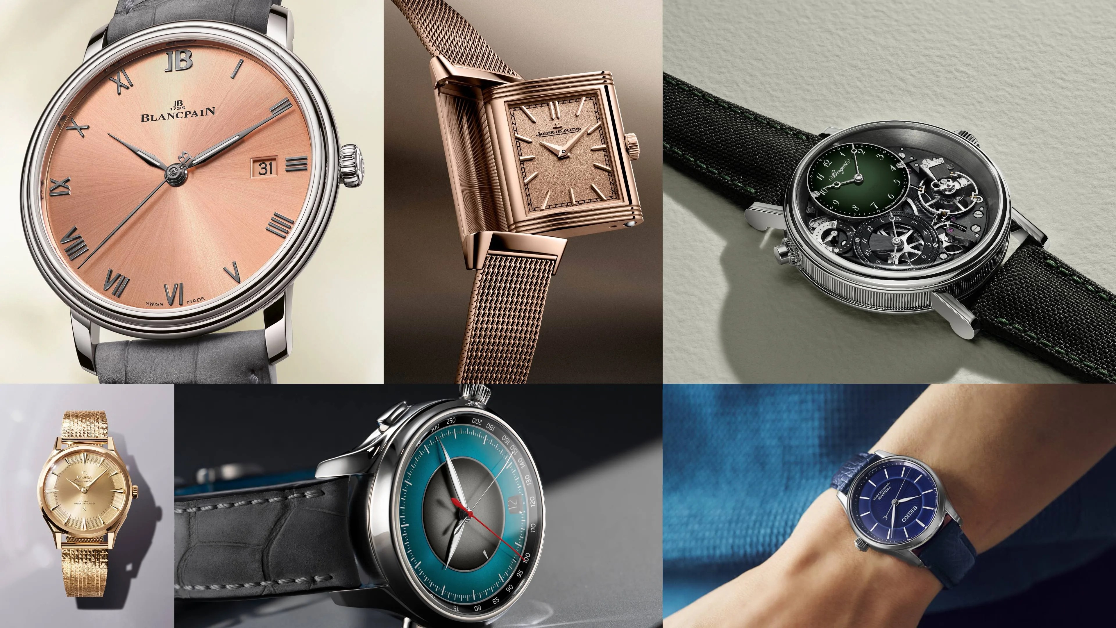 Six luxury wristwatches including a rose gold Blancpain with Roman numerals, a rectangular Jaeger-LeCoultre with mesh strap, a skeleton Breguet with green dial, a gold Omega with mesh bracelet, a silver chronograph with blue and gray dial, and a blue Seiko on a wrist.