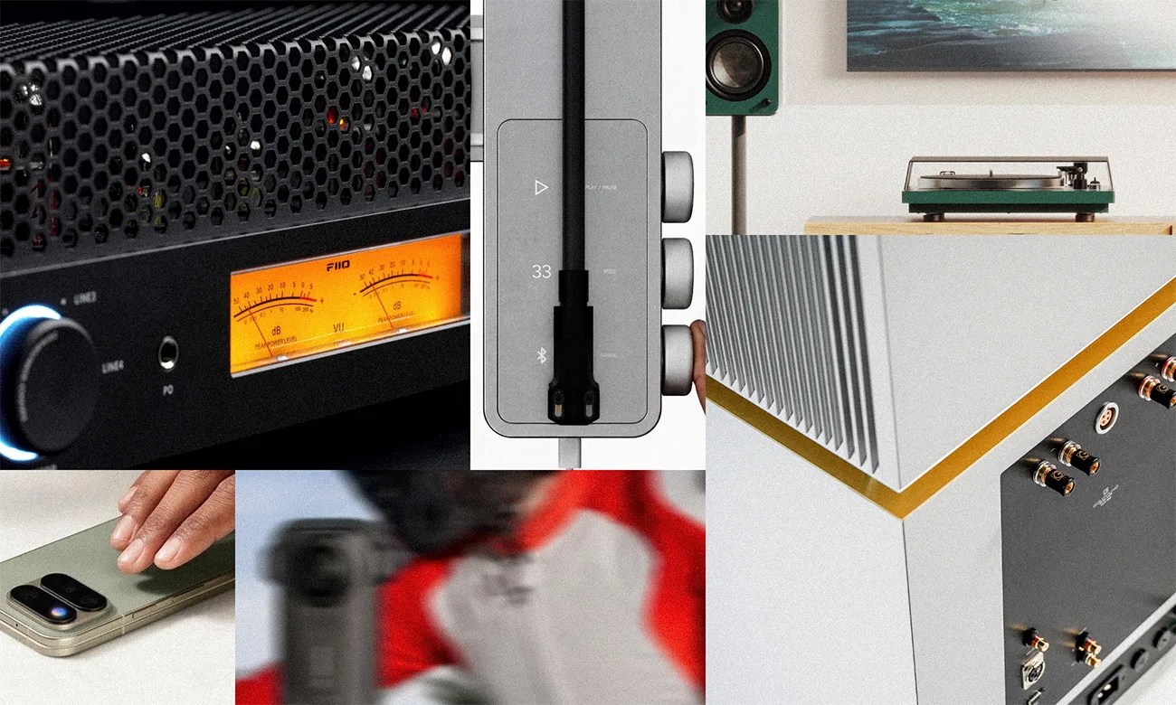 Collage of audio equipment including a black amplifier with orange meters, a white device with knobs and a black cable, a green turntable on a wooden table, and a white speaker with gold accents and multiple connectors.