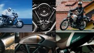 Collage of six motorcycle images showing a rider on a silver Honda bike by the sea, a close-up of a black Harley-Davidson engine, a rider on a white Kawasaki bike near a tiled roof, a close-up of a silver Vanson exhaust, a silver Ducati fuel tank with gold stripe, and a green and white fuel tank labeled "Speed Twin 1200".