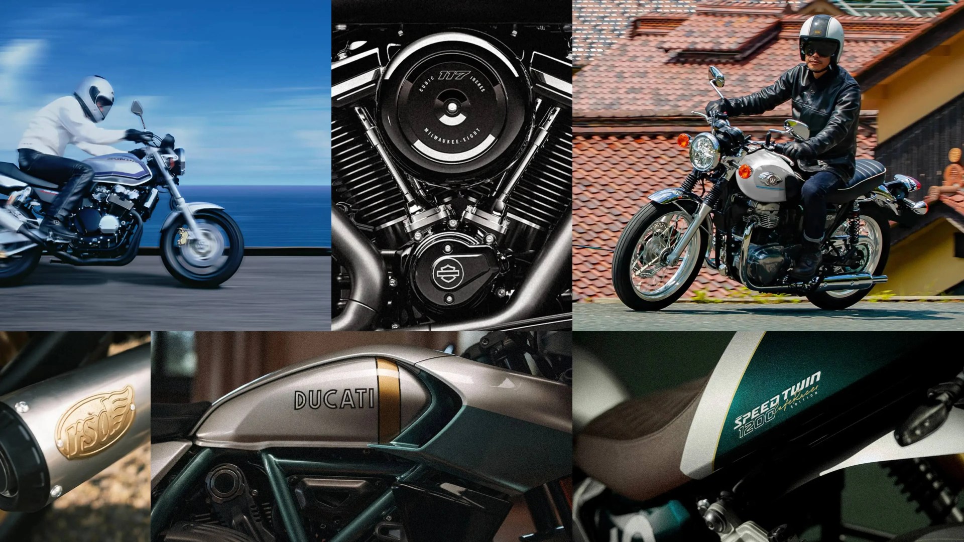 Collage of six motorcycle images showing a rider on a silver Honda bike by the sea, a close-up of a black Harley-Davidson engine, a rider on a white Kawasaki bike near a tiled roof, a close-up of a silver Vanson exhaust, a silver Ducati fuel tank with gold stripe, and a green and white fuel tank labeled "Speed Twin 1200".