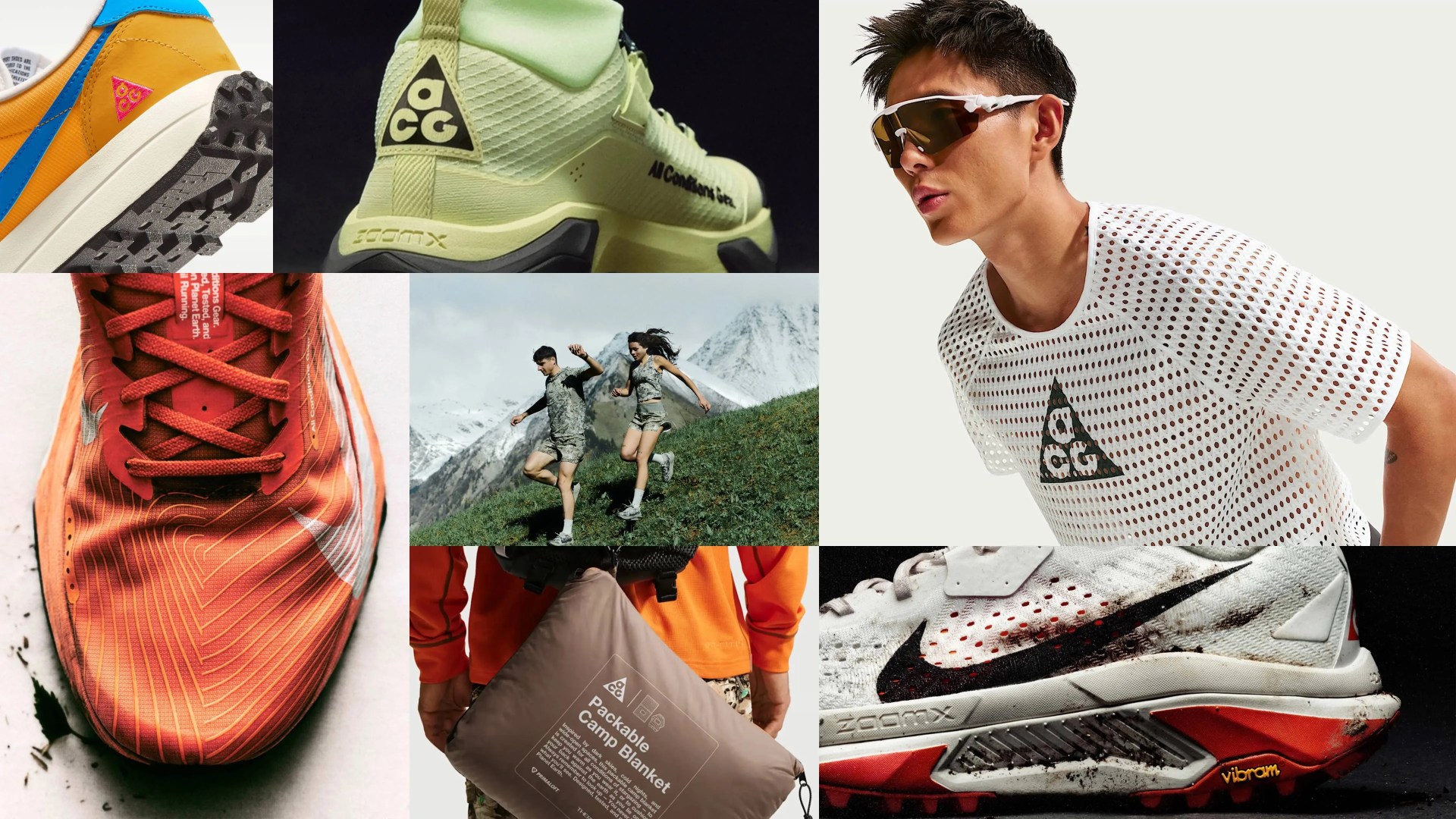 Collage of outdoor and athletic gear including close-ups of colorful Nike ACG shoes, a person wearing a white perforated ACG shirt and sunglasses, two people running on a grassy mountain slope, and a person holding a packable camp blanket.