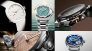 Collage of six luxury watches featuring a white watch with a white strap and orange crown, a silver watch with a turquoise textured dial and metal bracelet, a close-up side view of a watch with a black bezel and green strap, a silver watch with a blue dial and metal bracelet, a close-up of a rose gold textured dial with "Girard-Perregaux" branding, and a silver watch with a blue skeleton dial and metal bracelet.