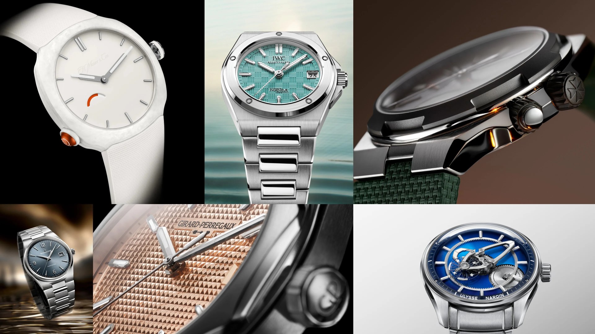 Collage of six luxury watches featuring a white watch with a white strap and orange crown, a silver watch with a turquoise textured dial and metal bracelet, a close-up side view of a watch with a black bezel and green strap, a silver watch with a blue dial and metal bracelet, a close-up of a rose gold textured dial with "Girard-Perregaux" branding, and a silver watch with a blue skeleton dial and metal bracelet.