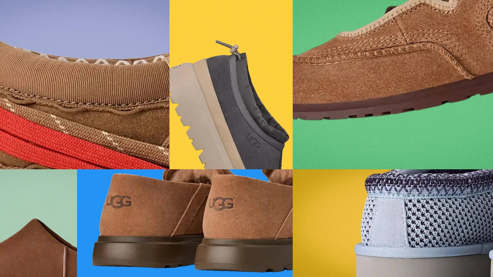 Collage of various UGG shoes featuring suede, knit, and rubber soles in brown, gray, and blue tones against colorful backgrounds.