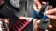 Collage of close-up images showing various knives and knife details, including a blade with "MAGNACUT" text, a green-handled folding knife, a black folding knife held in hands, a black and orange knife handle, red textured grip, and a black sheath held in a hand.