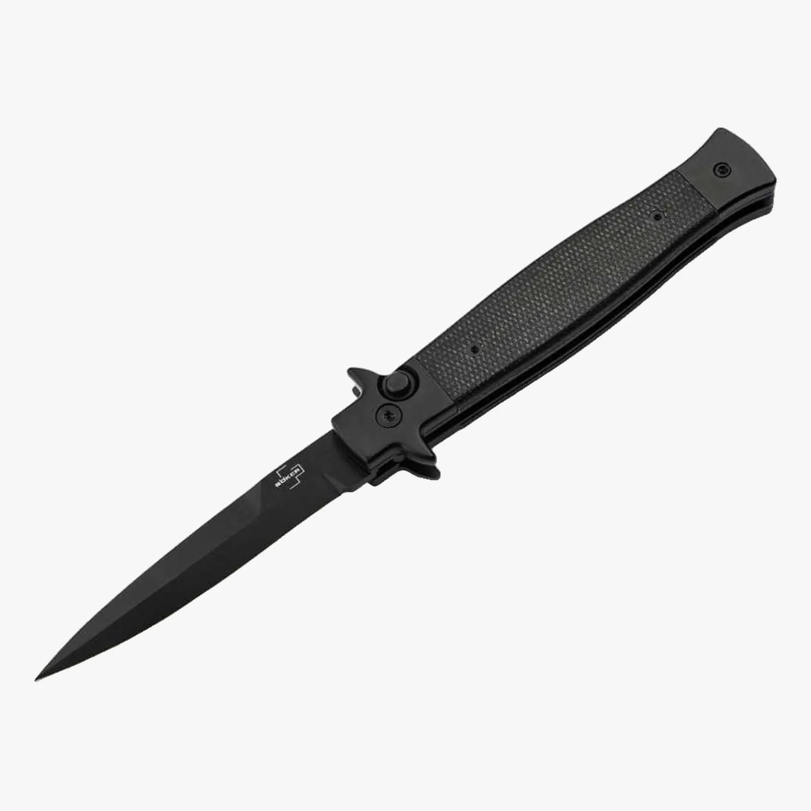 Black tactical folding knife with textured handle and pointed blade on a white background.