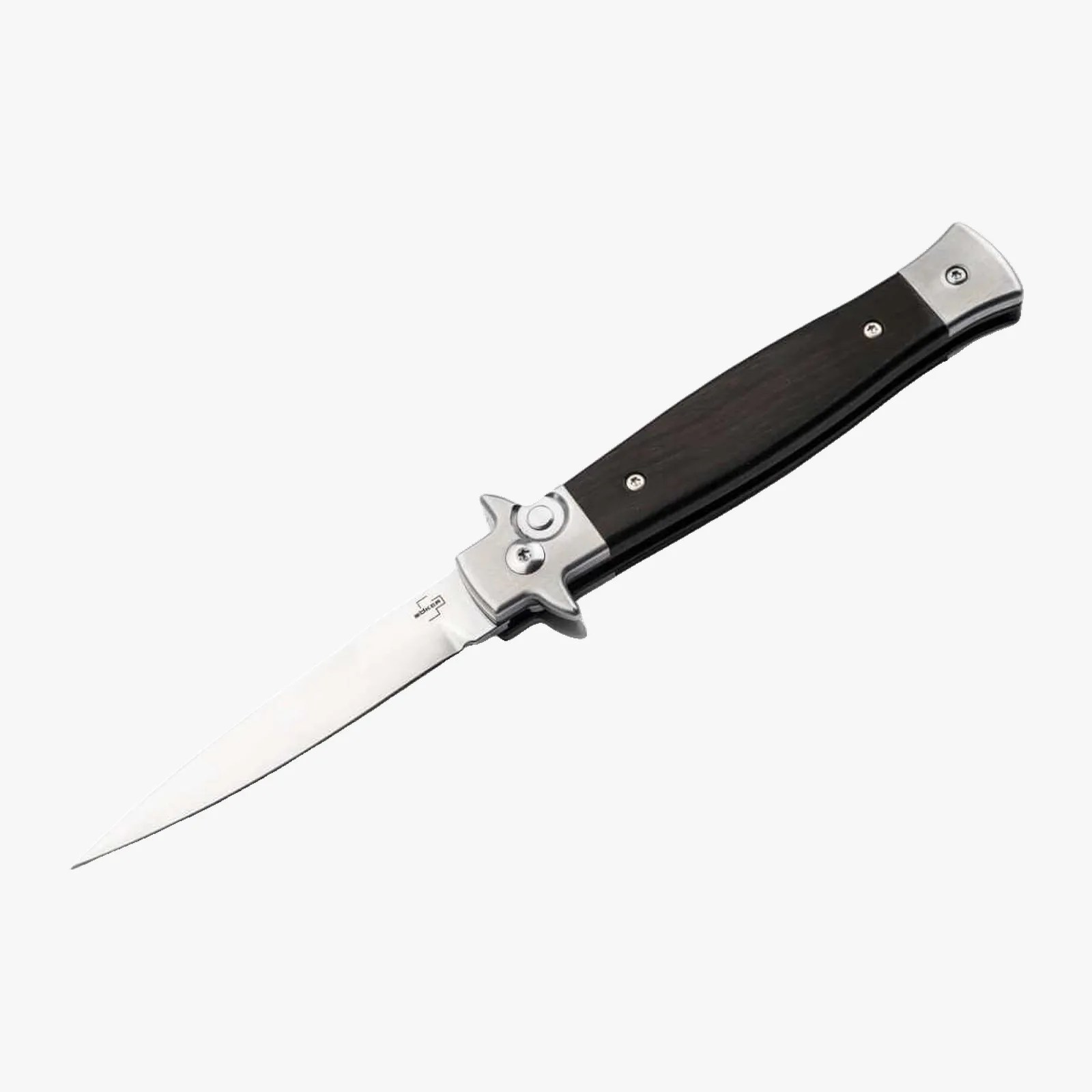 Folding knife with a long, narrow stainless steel blade and a dark wooden handle with metal accents.