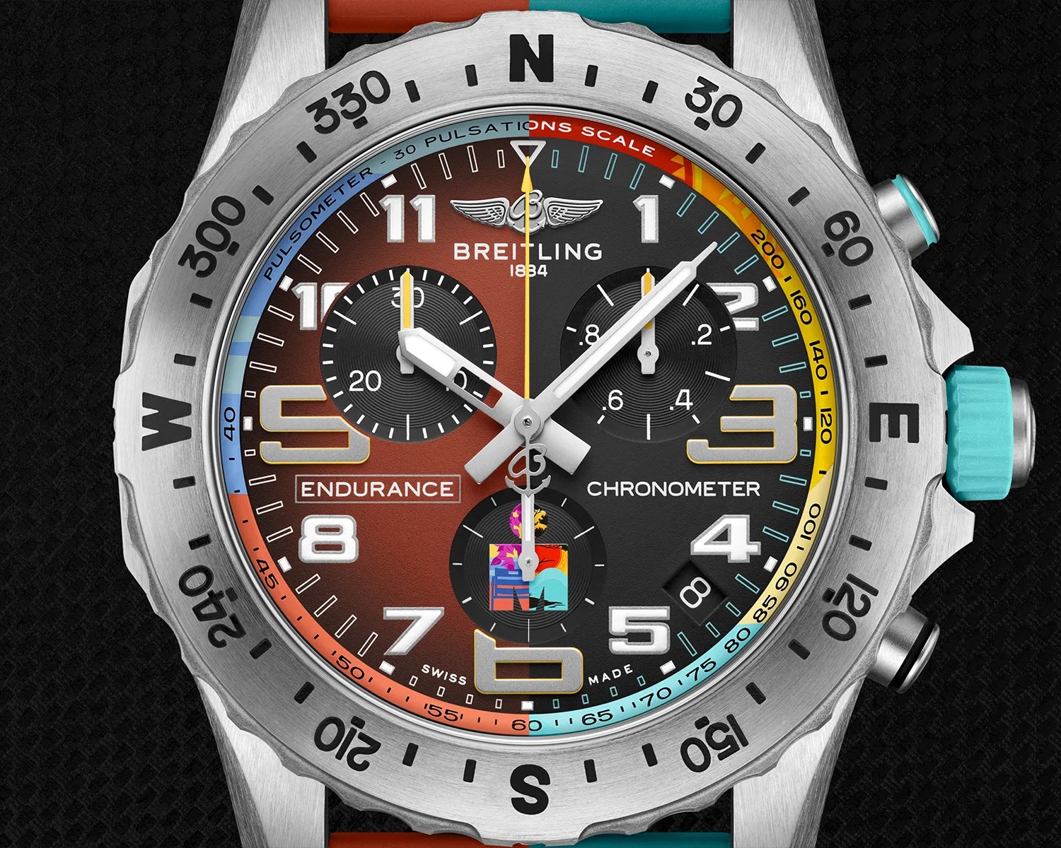 Close-up of a Breitling Endurance Pro chronometer watch with a split brown and black dial, colorful pulsometer scale, and turquoise crown.