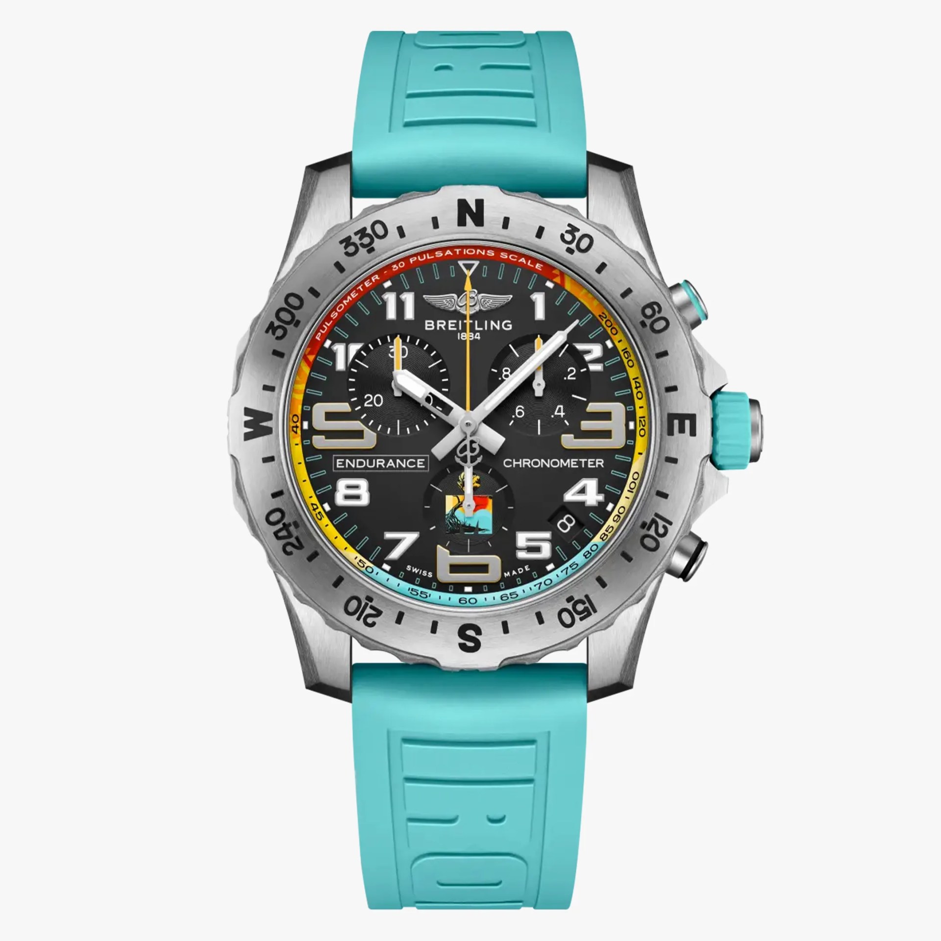 Breitling Endurance chronometer watch with black dial, multicolor markings, silver bezel, and turquoise rubber strap.