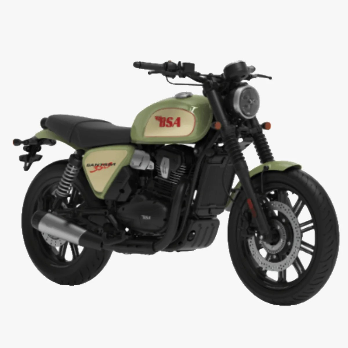 Green and cream BSA motorcycle with black seat and black wheels on a white background.