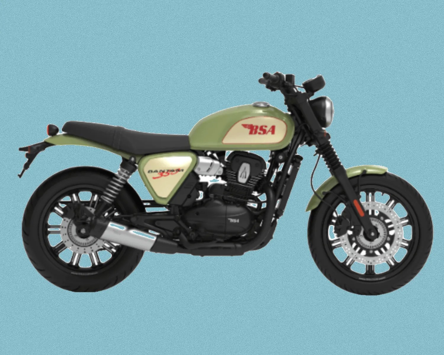 Green and cream BSA motorcycle with black seat and silver exhaust on a blue background.