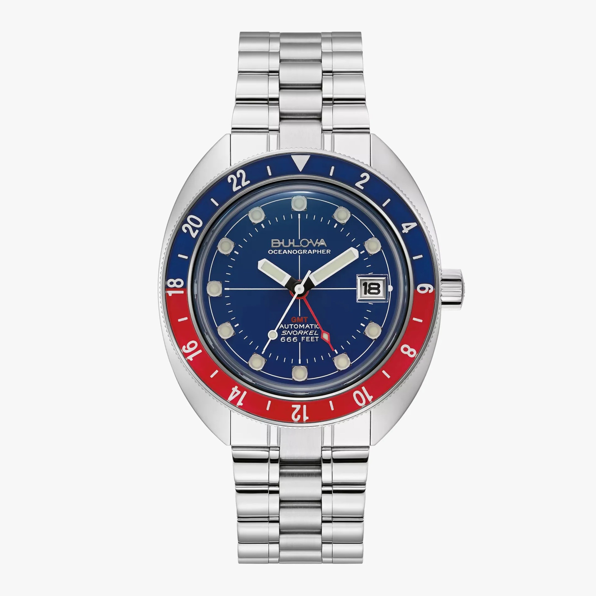 Stainless steel Bulova Oceanographer GMT watch with blue and red bezel and blue dial showing date.