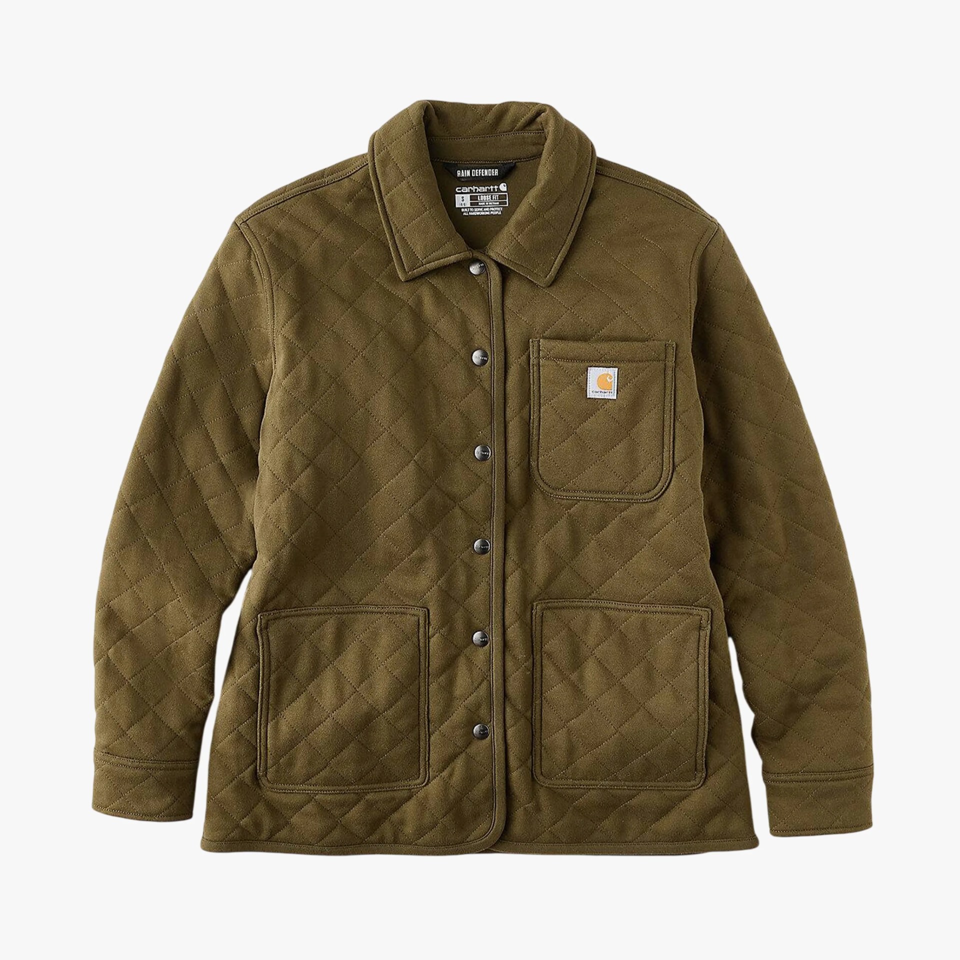 Olive green quilted jacket with snap buttons and three front pockets, featuring a Carhartt logo patch on the chest pocket.