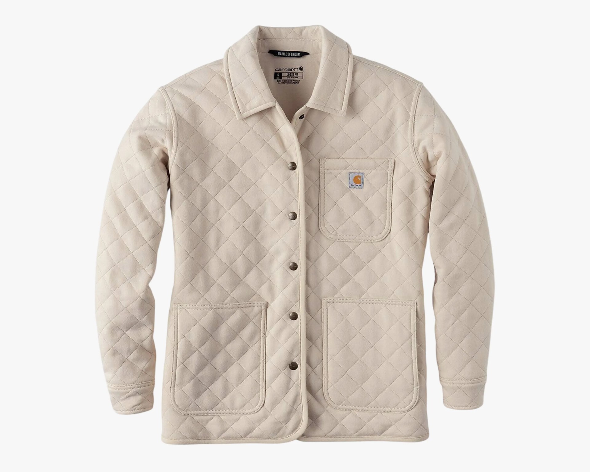 Beige quilted jacket with snap buttons and three front pockets, one with a Carhartt logo patch.