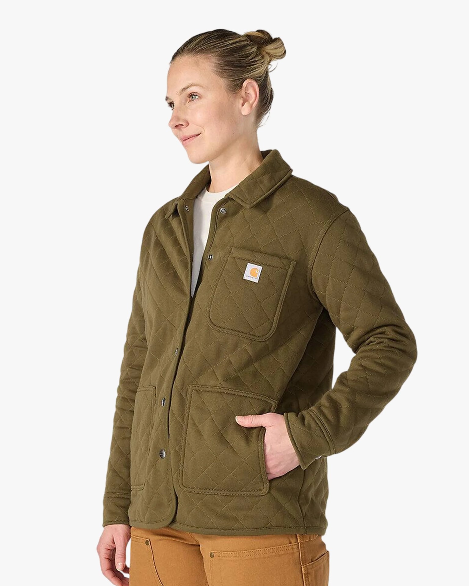 Olive green quilted jacket with snap buttons and chest pocket worn by a person.