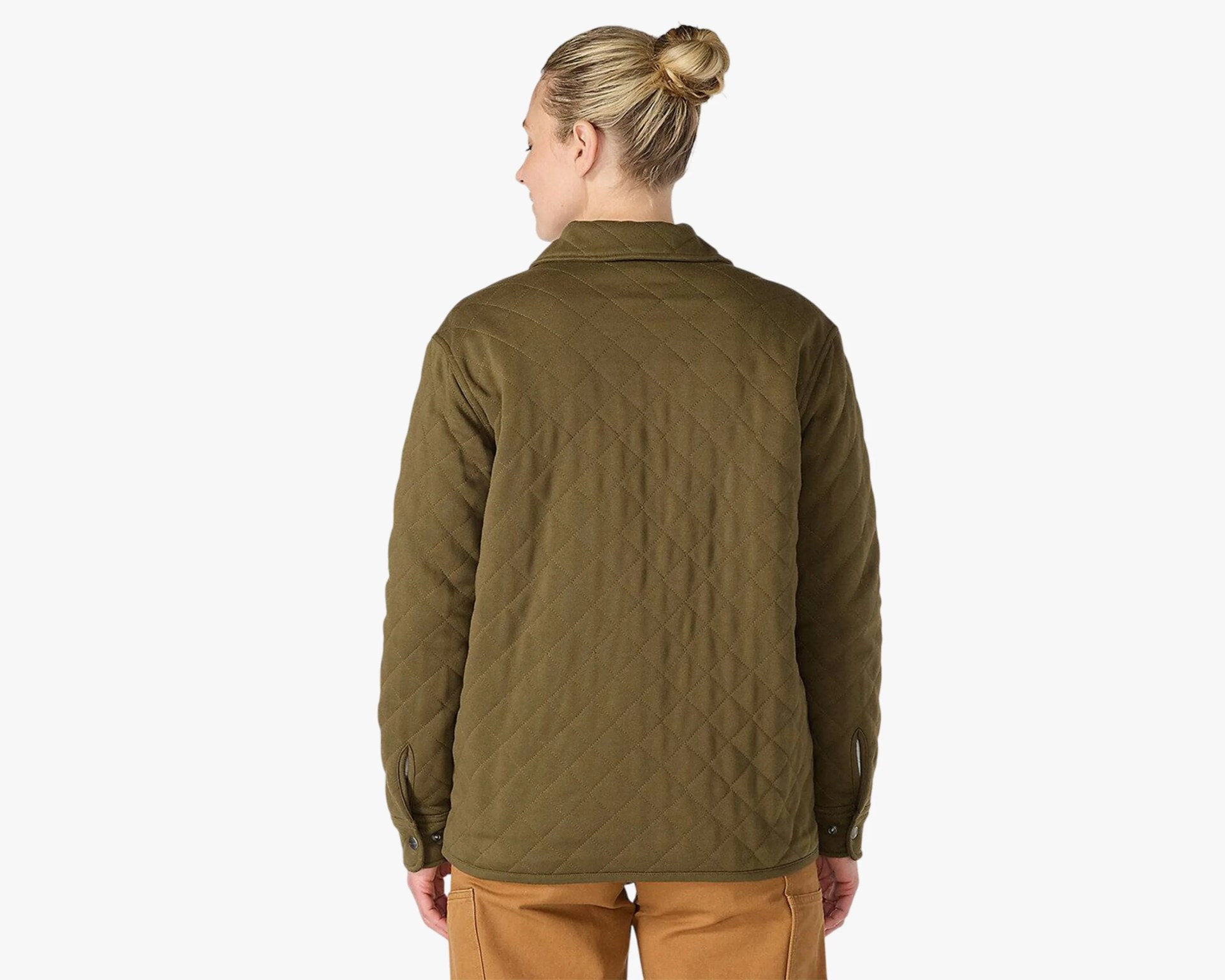 Olive green quilted jacket with buttoned cuffs worn by a person facing away.
