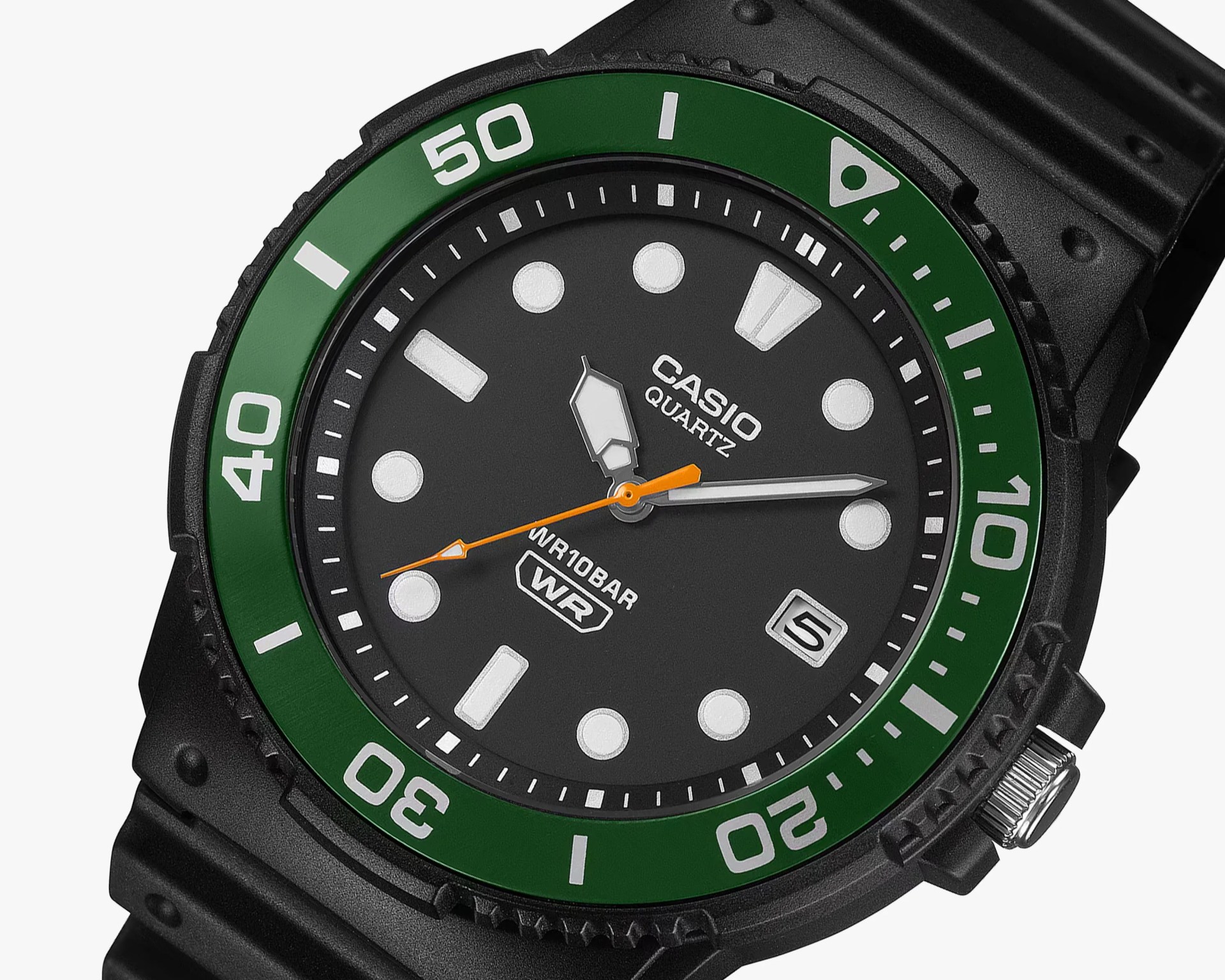 Black Casio quartz wristwatch with green bezel, white hour markers, orange second hand, and date display.