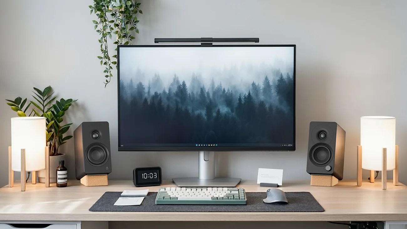 Minimalist desk setup with a widescreen monitor, two black speakers on cork stands, a mechanical keyboard, mouse, and two wooden lamps.