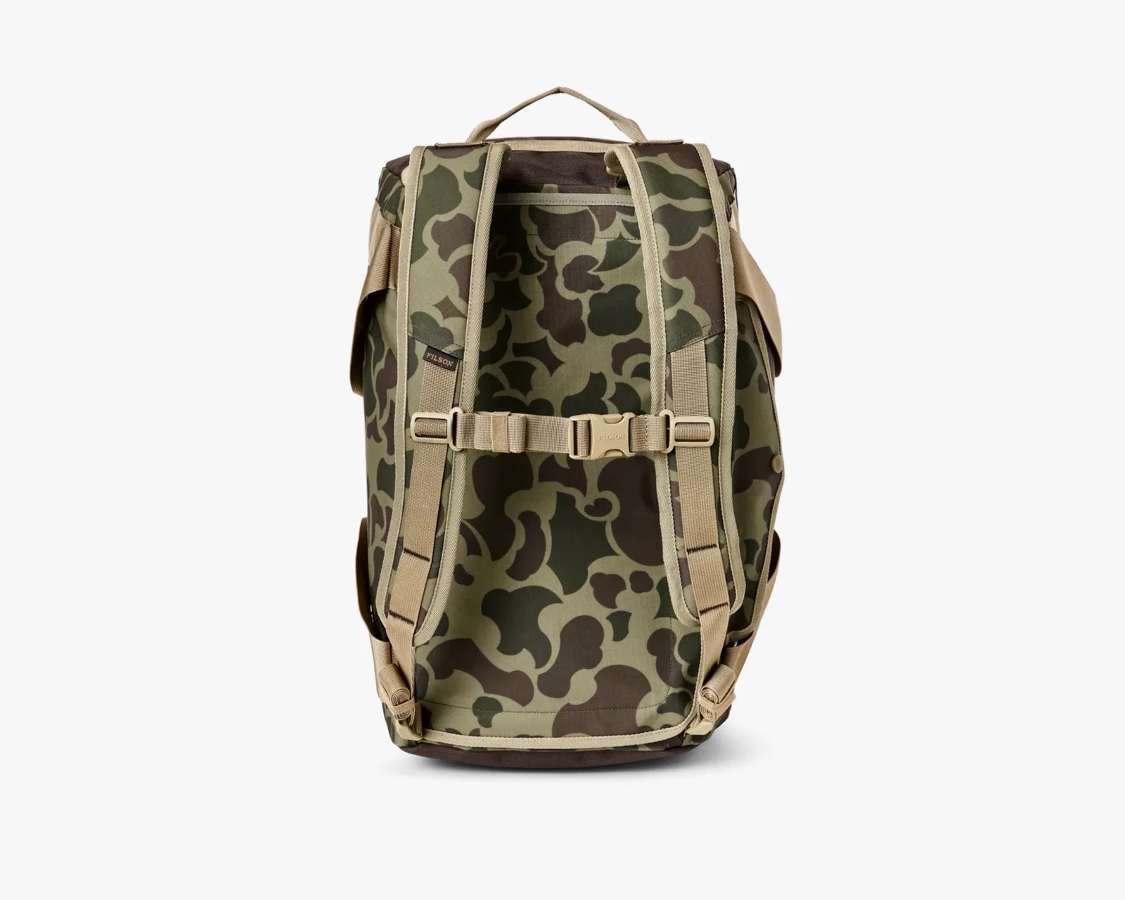 Green and brown camouflage backpack with beige straps and a top handle.