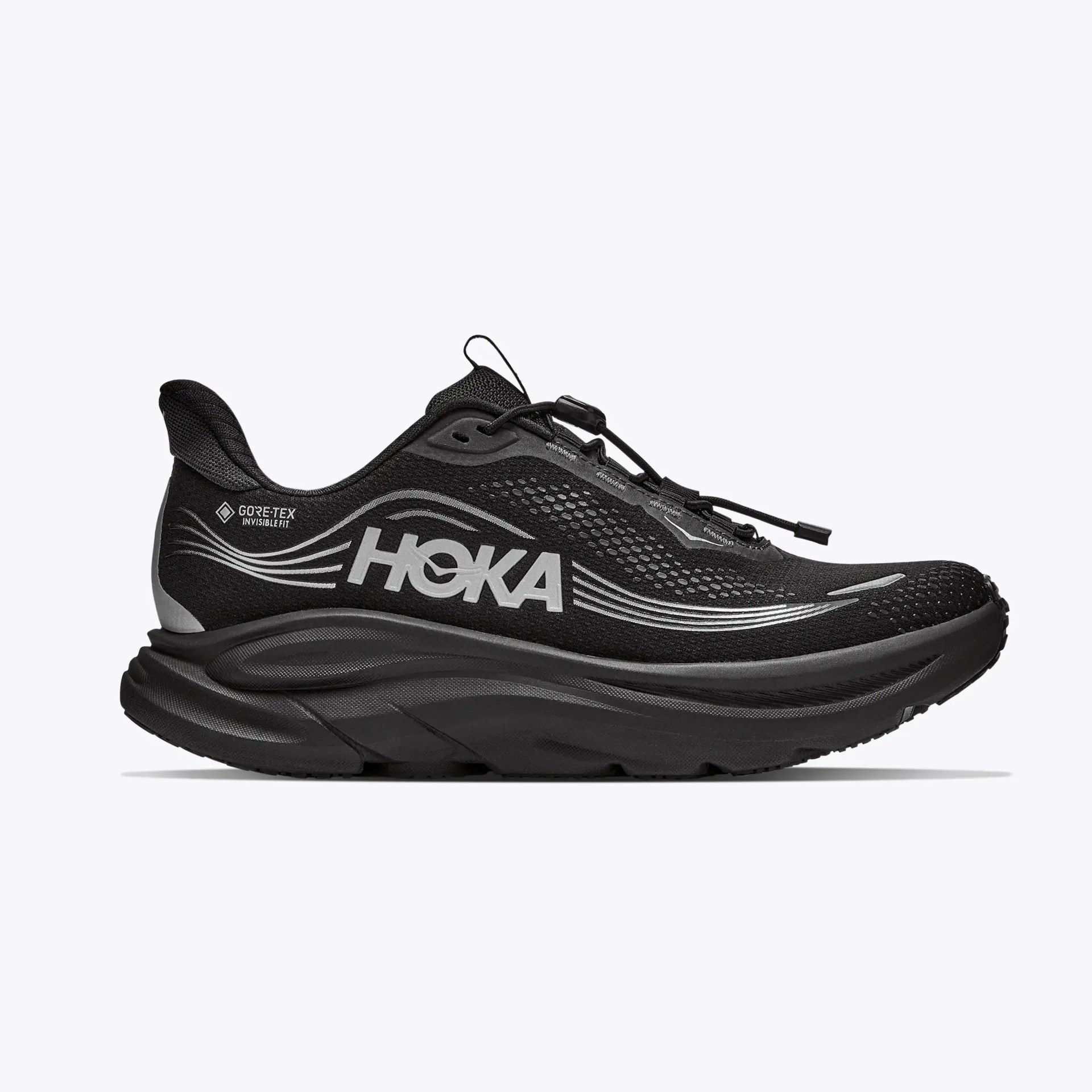 Black Hoka running shoe with Gore-Tex Invisible Fit technology and thick cushioned sole.
