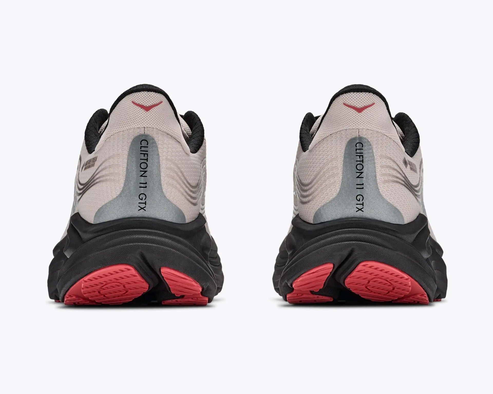Pair of beige and black running shoes with red accents, viewed from the back showing "CLIFTON 11 GTX" text.